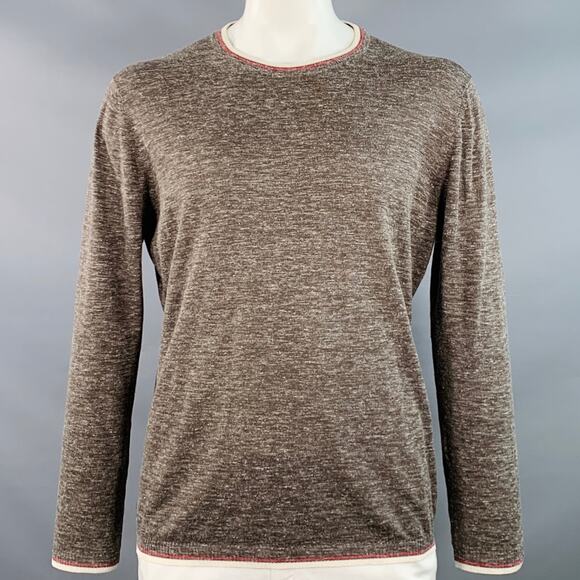 KITON XL Heather Brown Cream Red Silk Linen Contrast Trim Crew Neck Pullover